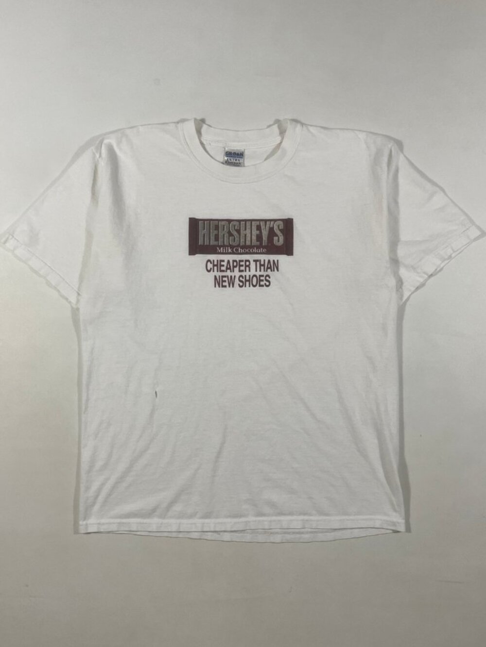Vintage Y2K Hershey's Milk Chocolate "Cheaper Than New Shoes" White Graphic Tee…